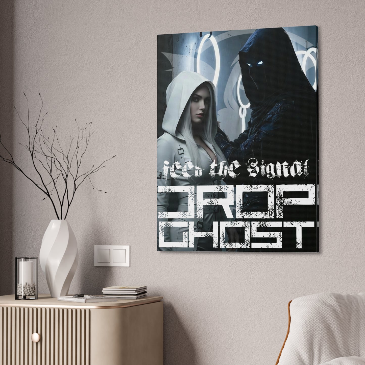 DropGhost Framed Canvas Print — 'Feed the Signal' Dark Cyber Gothic Wall Art
