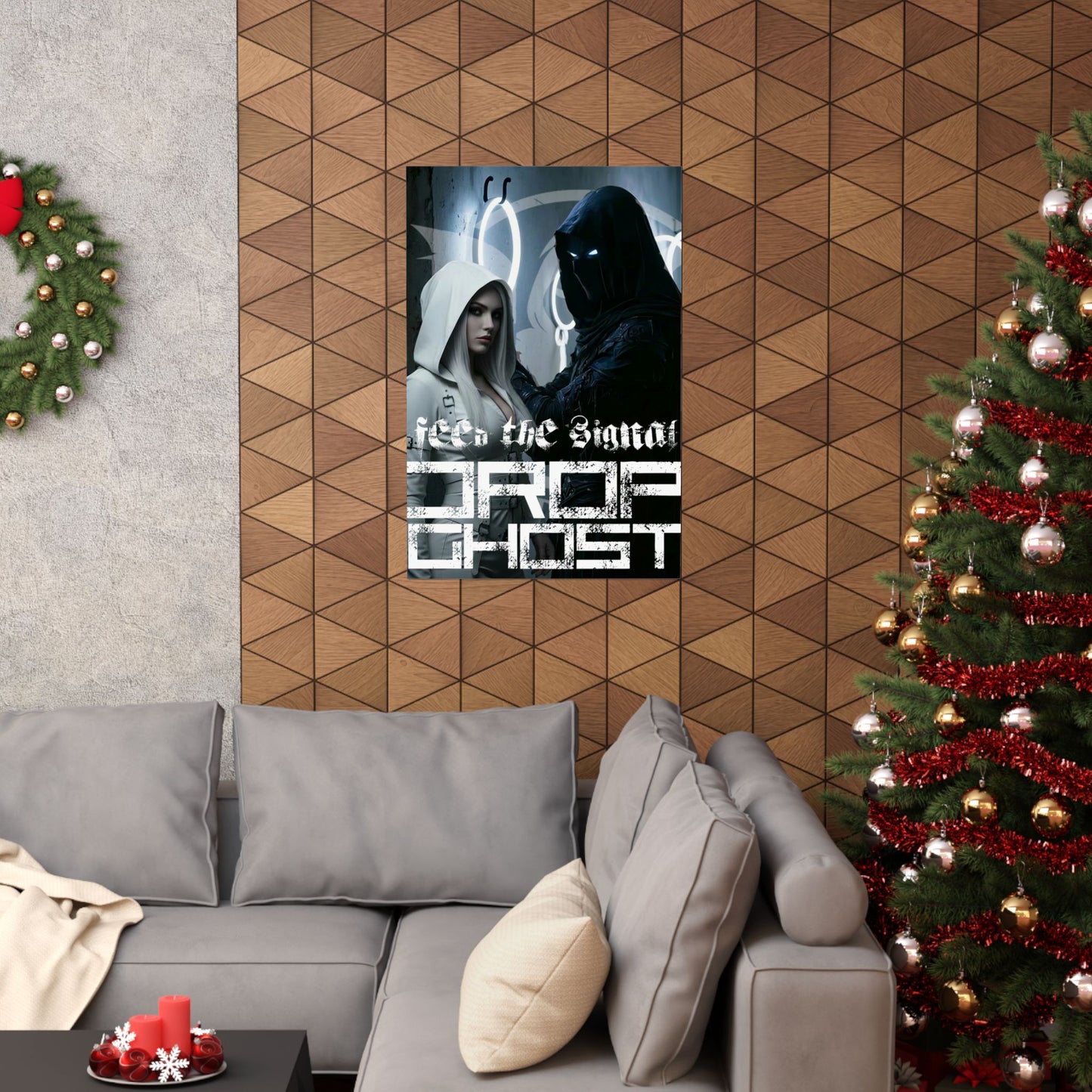 DropGhost Matte Poster "Feed the Signal" — Futuristic Hooded Duo Cyberpunk Wall Art