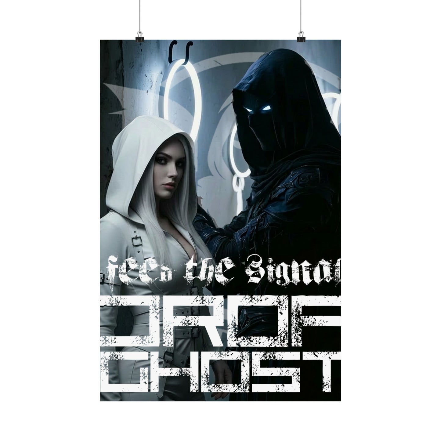 DropGhost Matte Poster "Feed the Signal" — Futuristic Hooded Duo Cyberpunk Wall Art
