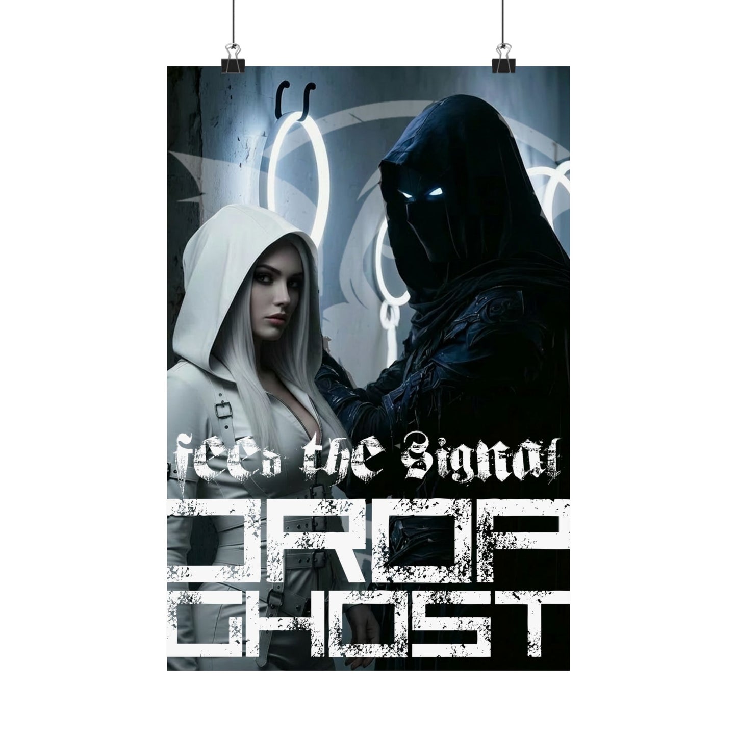 DropGhost Matte Poster "Feed the Signal" — Futuristic Hooded Duo Cyberpunk Wall Art
