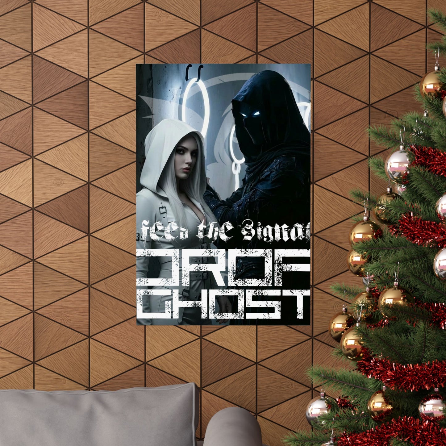 DropGhost Matte Poster "Feed the Signal" — Futuristic Hooded Duo Cyberpunk Wall Art