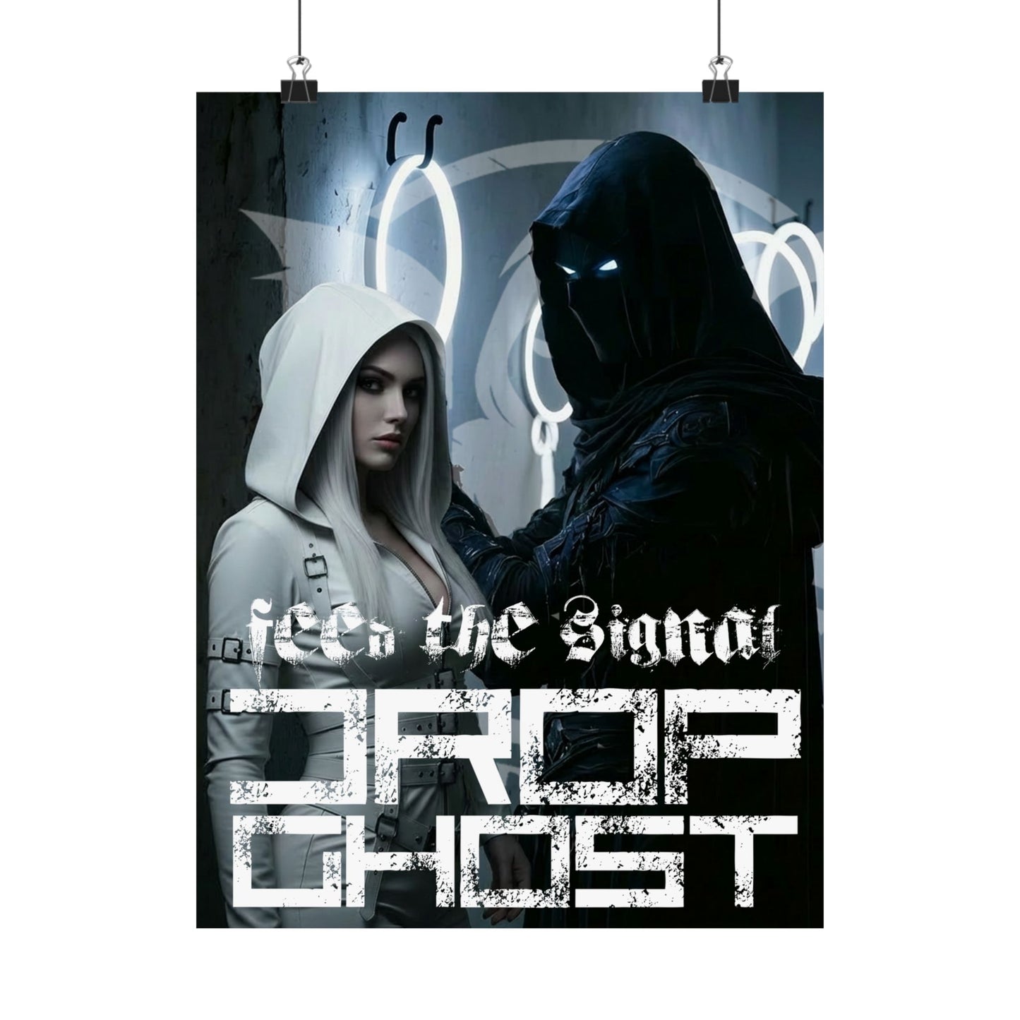 DropGhost Matte Poster "Feed the Signal" — Futuristic Hooded Duo Cyberpunk Wall Art