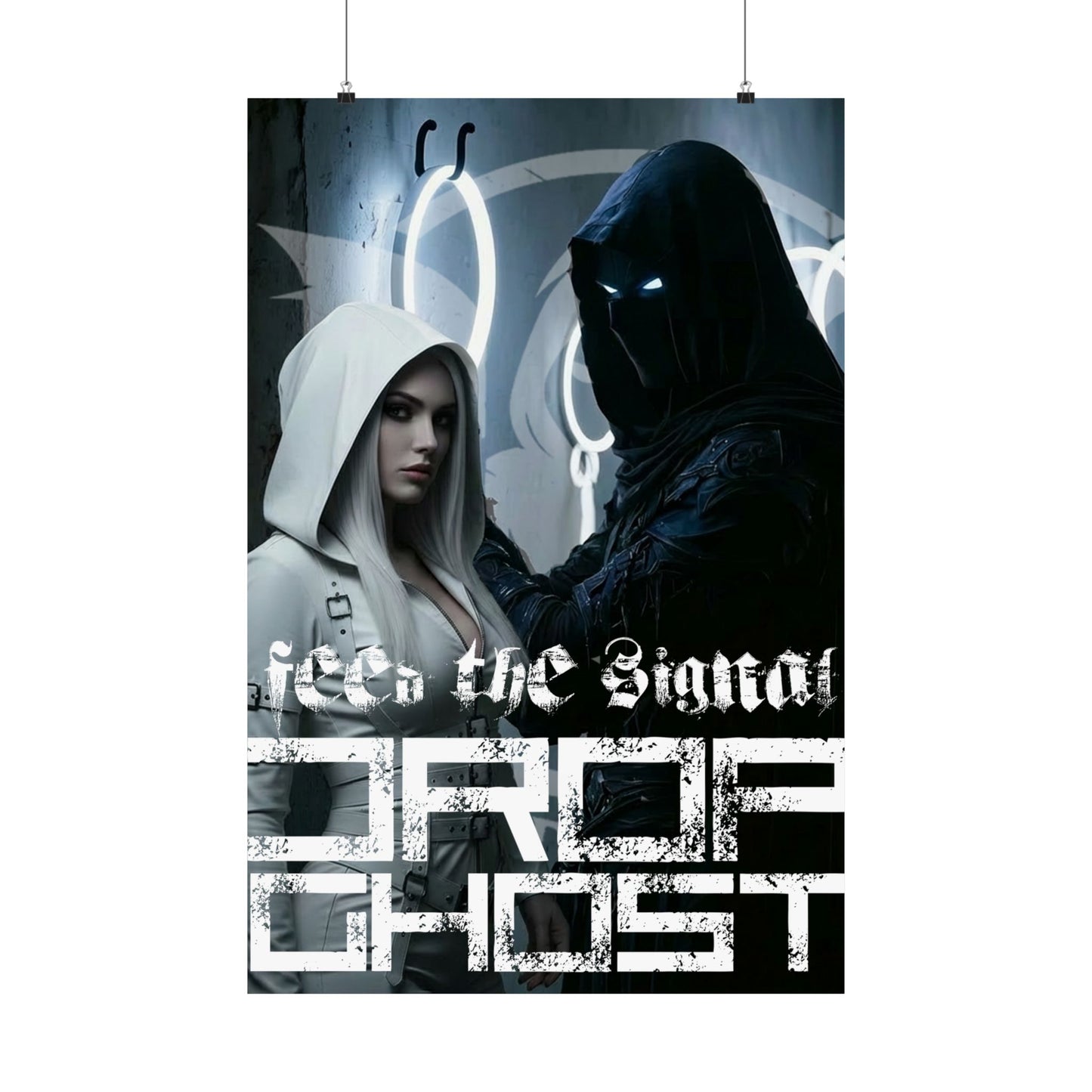 DropGhost Matte Poster "Feed the Signal" — Futuristic Hooded Duo Cyberpunk Wall Art