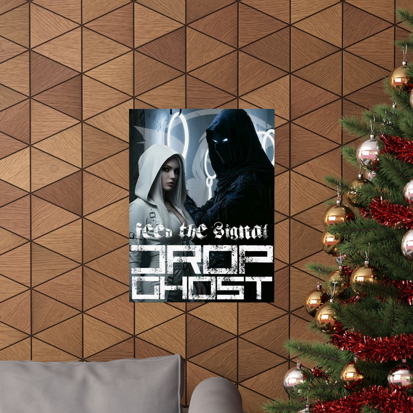 DropGhost Matte Poster "Feed the Signal" — Futuristic Hooded Duo Cyberpunk Wall Art