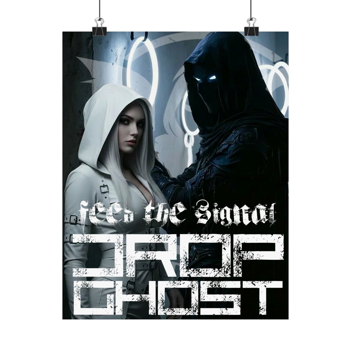 DropGhost Matte Poster "Feed the Signal" — Futuristic Hooded Duo Cyberpunk Wall Art