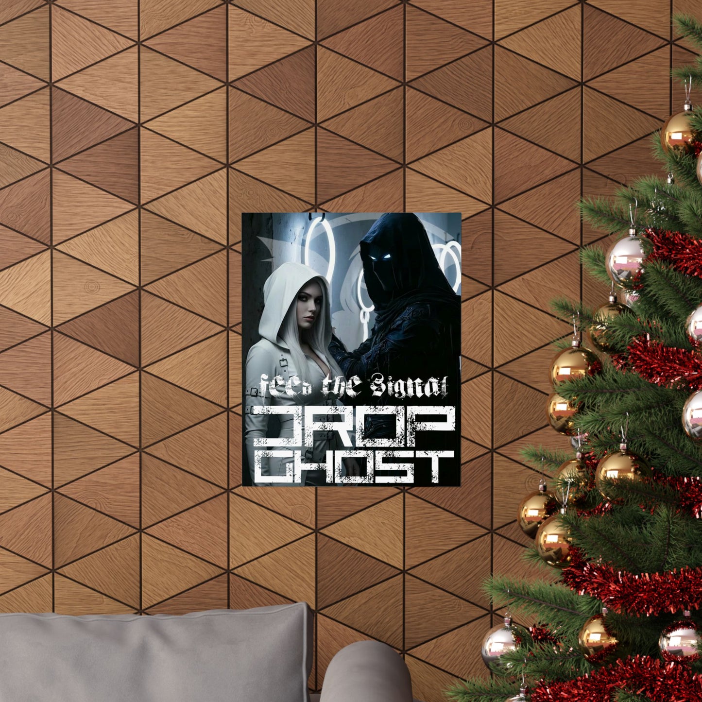 DropGhost Matte Poster "Feed the Signal" — Futuristic Hooded Duo Cyberpunk Wall Art